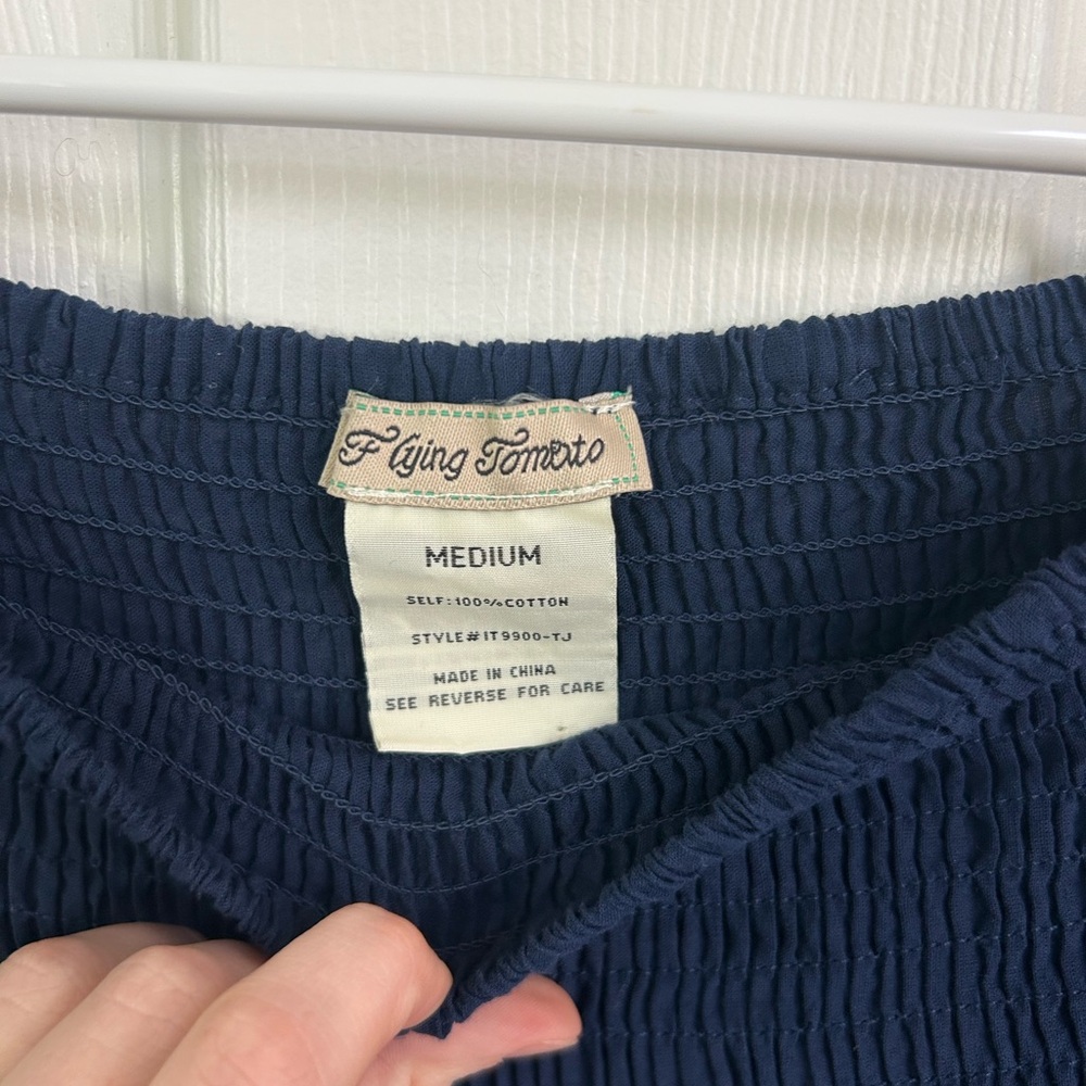 Flying Tomato Navy Blue Textured Top Size Medium with Embroidered Sleeves - Picture 3 of 6